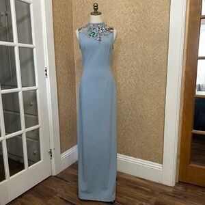 Aidan Mattox Light Blue Colorful Beaded Floral High Neck Sleeveless Formal Dress